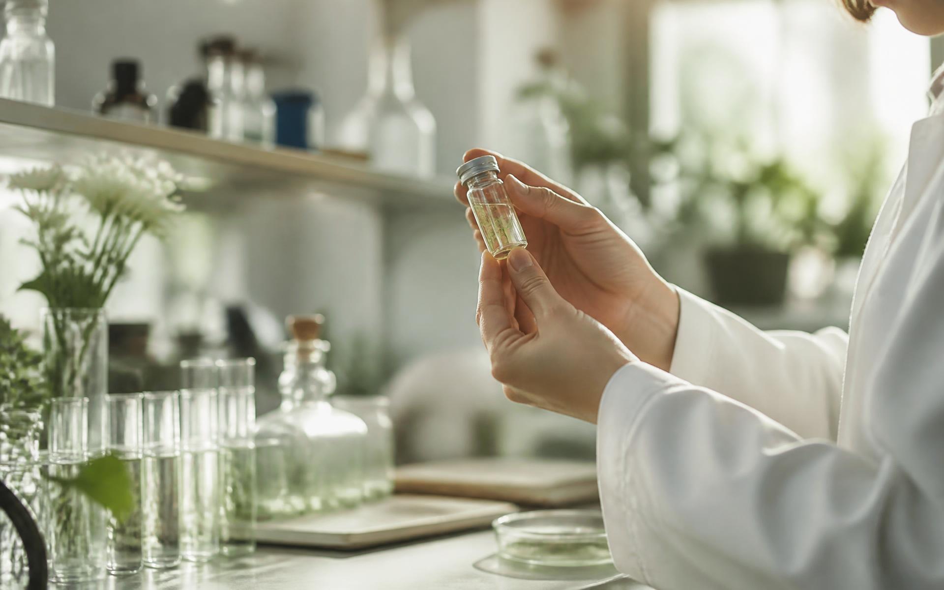 Researcher examining a small glass vial in a bright laboratory